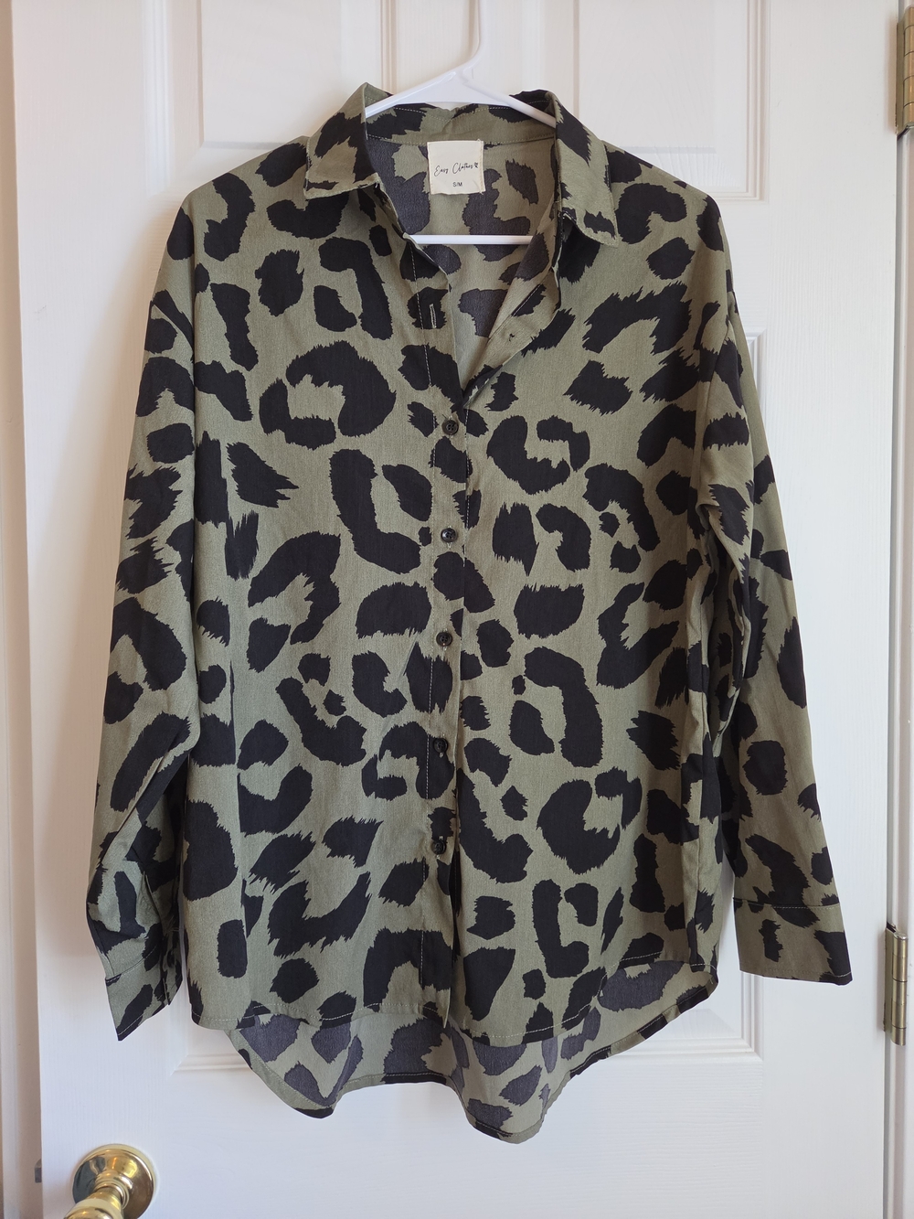 Easy Clothes Leopard Print Button Down Blouse S/M Olive Black Oversized
